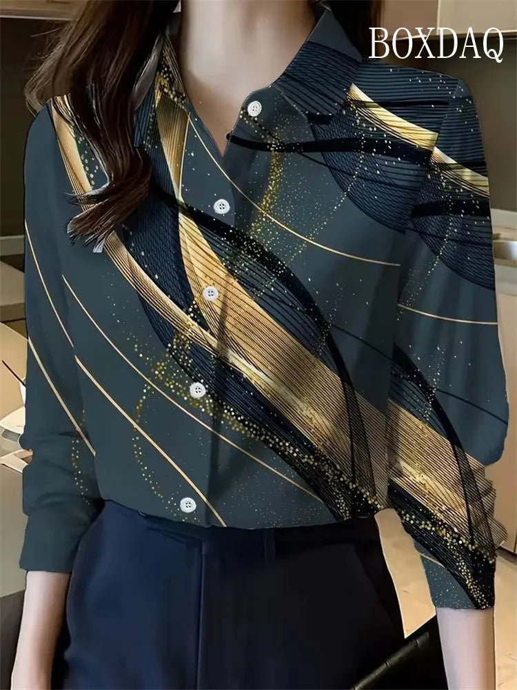 Women Shirt 2025 Autumn Clothes Women Vintage Blouses Office Lady Long Sleeve Blouse Button Up Lapel Shirts OL Print Womens Tops