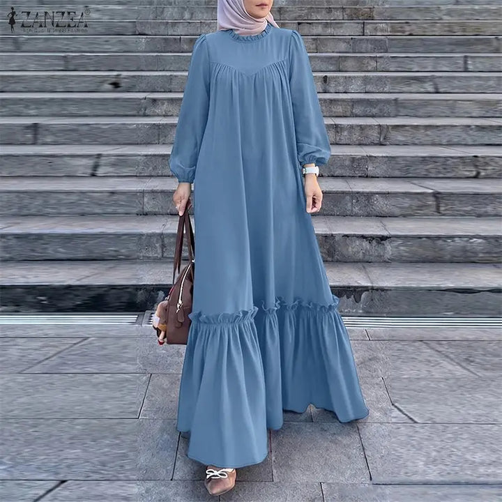 ZANZEA Muslim Modest Fashion Maxi Dress Women's Hijab O-Neck Long Sleeve Ruffled Hem Abaya Robes Islamic Ramadan Eid Kaftan