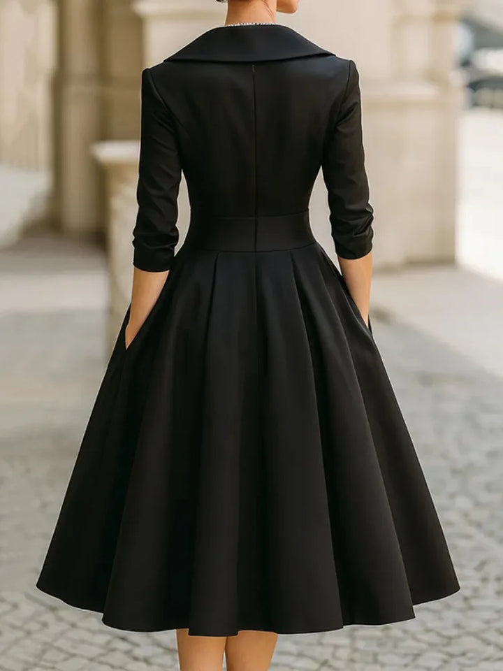 Women's Black Elegant Evening Dresses Satin Turn-Down Collar V Neck Waist-Cinched Three Quarter Sleeve Flared Midi Dress