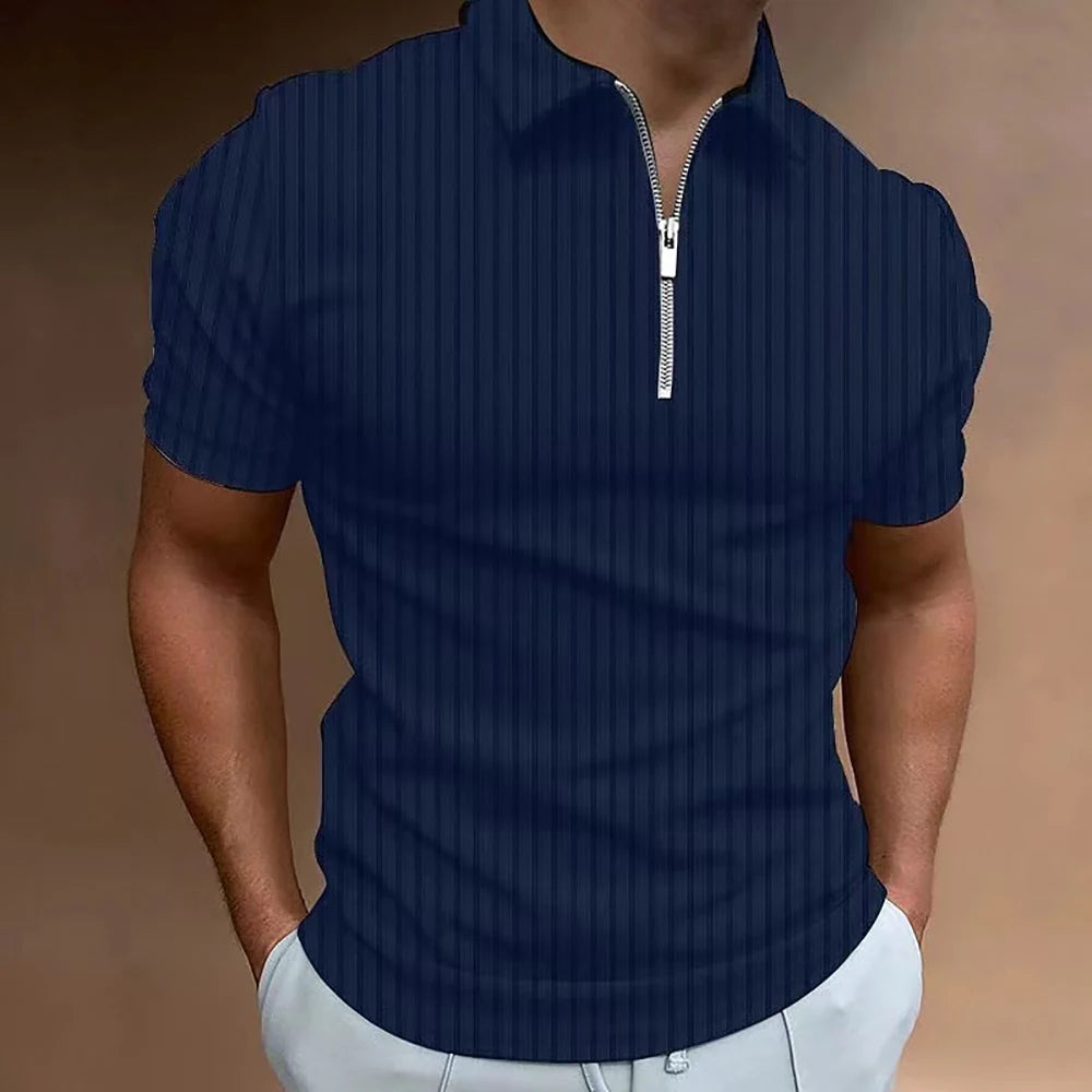 Men Striped Golf Shirt with Quarter Zipper Lapel Casual Holiday Short-Sleeved T-Shirt Fashionable Basic Style Regular Fit Shirt