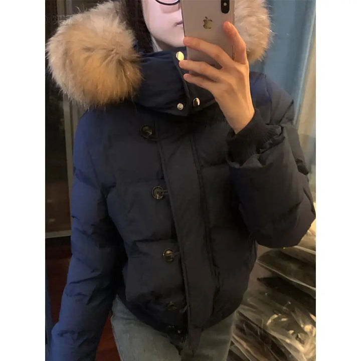 Korean Retro Big Fur Collar Cotton Clothes for Women's Autumn and Winter New Waist Thin Warm Jacket Khaki Bread Clothes