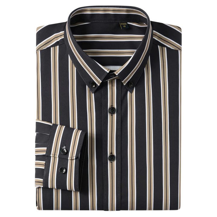 Men's Elegant  Striped Iron-Free Long Sleeve Dress Shirts - Breathable, Stretchy Casual Button Up Shirt For Formal Occasions