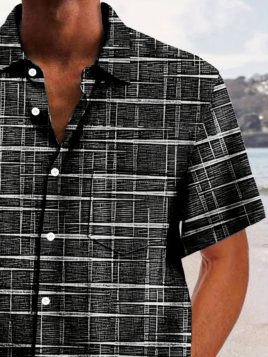 Vintage Shirts Black White Distressed Plaid Textured Printed Loose Casual Short Sleeve Lapel Tops Men Clothes