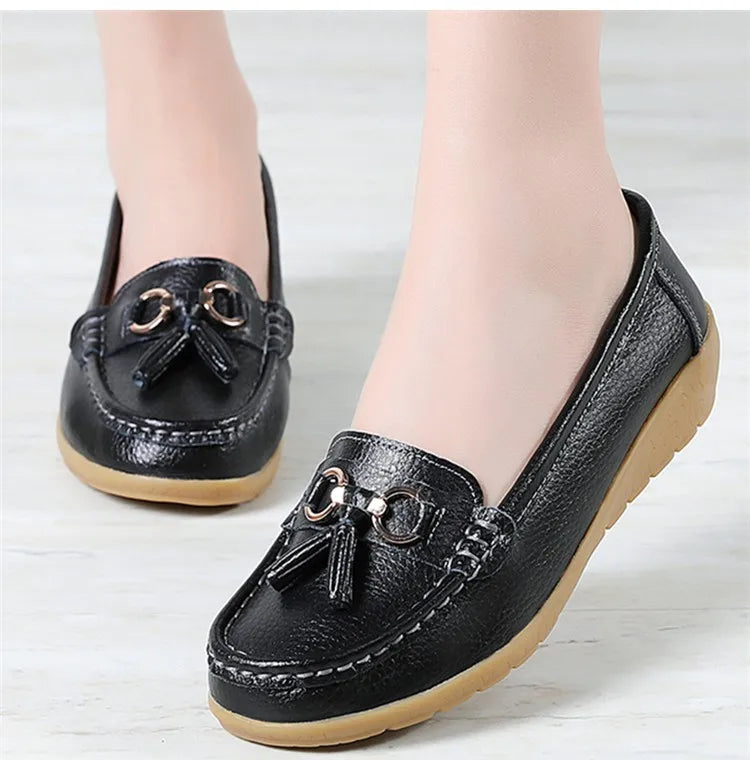 Women’s Leather Loafers – Breathable Chunky Flat Shoes