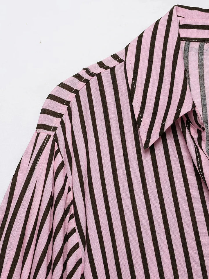 Women Striped Shirts For Women Vintage Elegant Puff Sleeve Summer New High Street Clothes Leisure Single-breasted Lapel Blouse