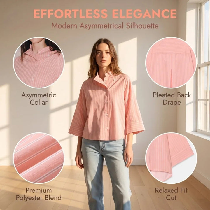Striped Loose Striped Shirt Elegant Mid Sleeve Button Tops European American Style Asymmetric Casual Blouse for Woman