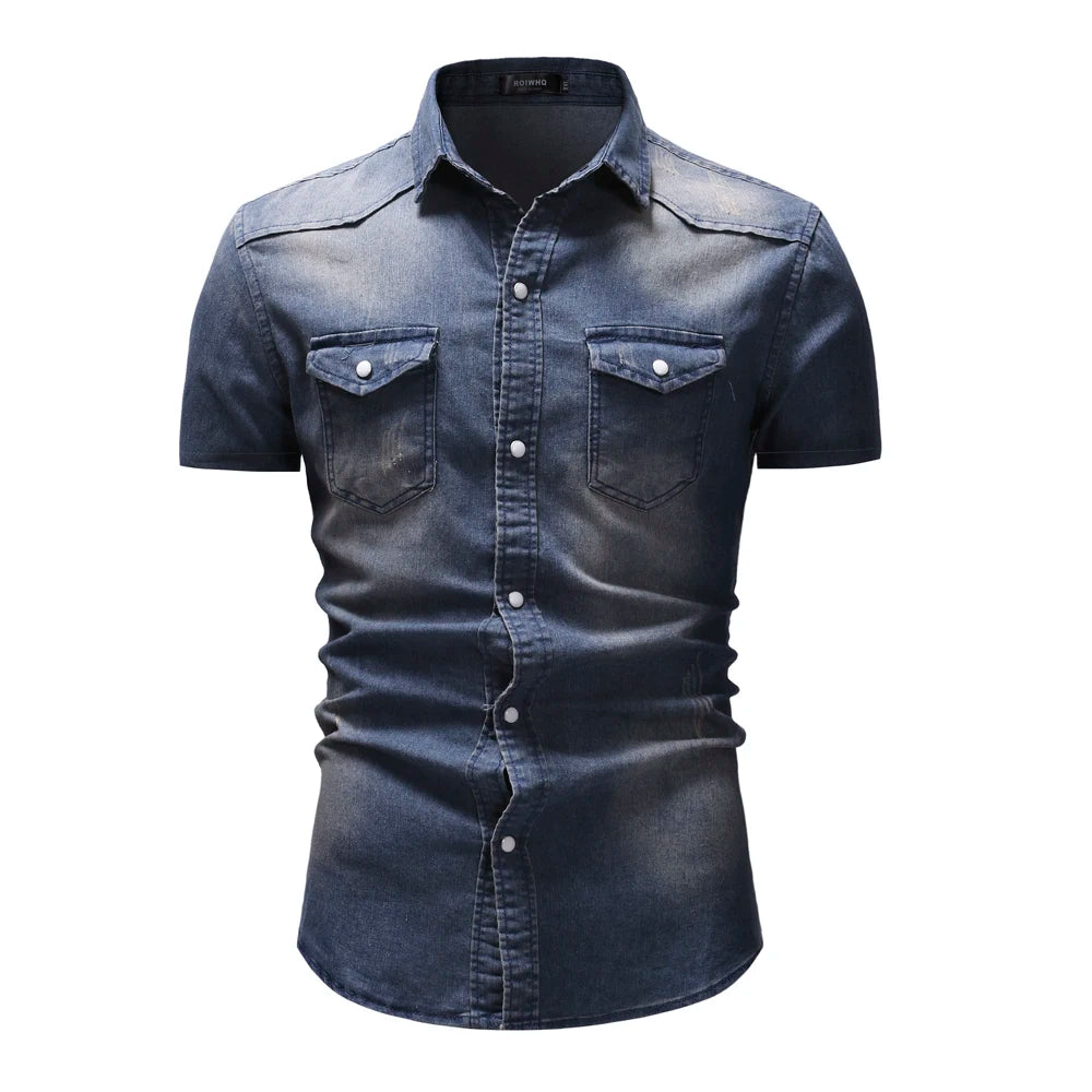 Men Denim Shirts Tops Shirt Short Sleeve Button Turn Down Collar Single Breasted Slim Fit Solid Simple Casual Splice Top 2024