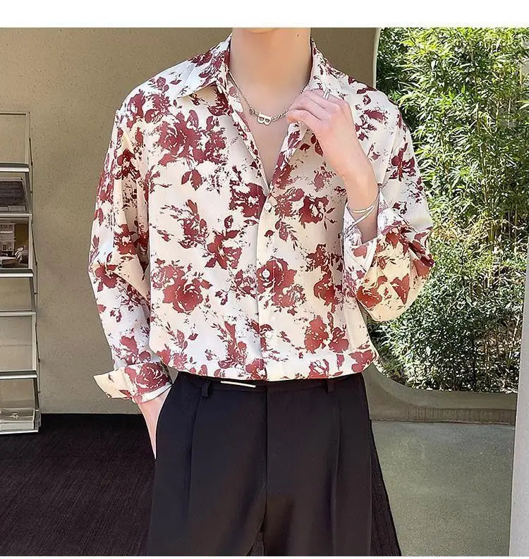 Men's Floral Shirt Men's Style New Long-sleeved Spring Autumn High-end Ice Silk Casual Loose