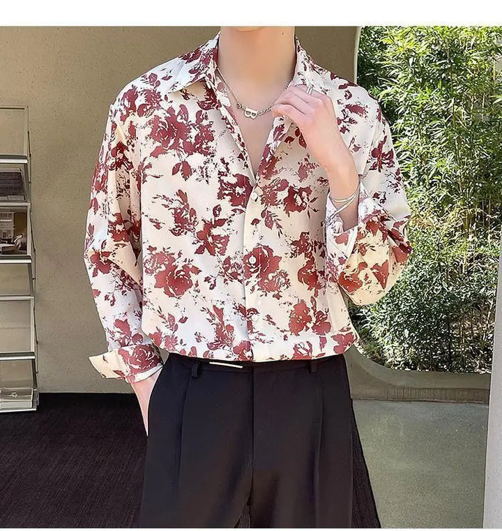 Men's Floral Shirt Men's Style New Long-sleeved Spring Autumn High-end Ice Silk Casual Loose
