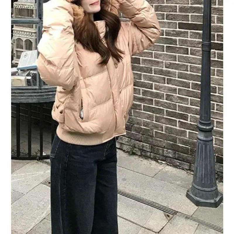Korean Retro Big Fur Collar Cotton Clothes for Women's Autumn and Winter New Waist Thin Warm Jacket Khaki Bread Clothes