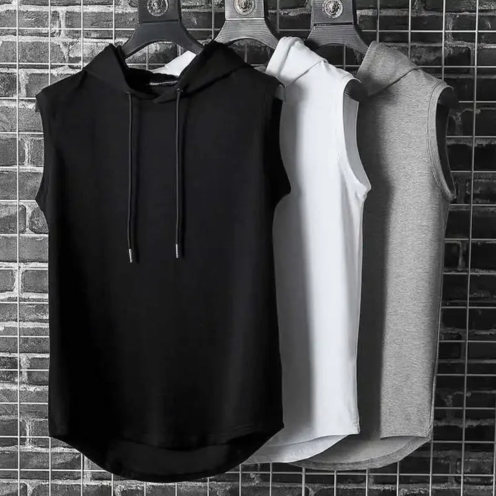 Men Tie Collar Hooded Sleeveless Vests Male Summer Loose Solid Hip Hop Tee Shirt Tops