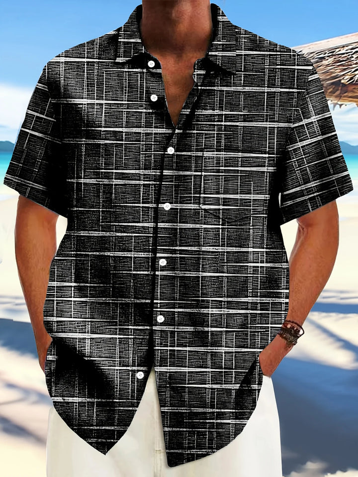 Vintage Shirts Black White Distressed Plaid Textured Printed Loose Casual Short Sleeve Lapel Tops Men Clothes