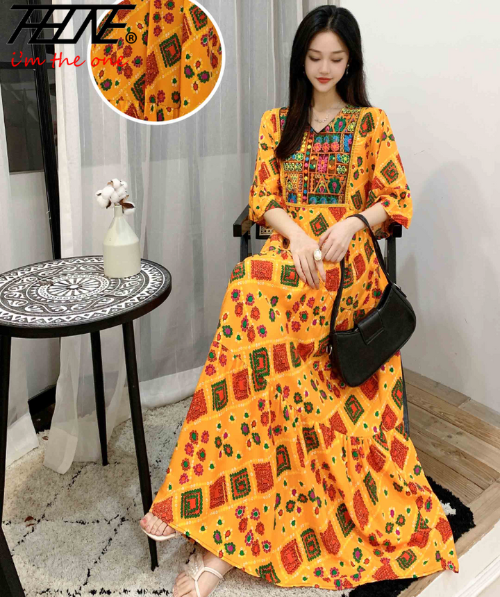Women’s Indian Summer Dress – Embroidered Elegant Maxi Party & Beach Dress