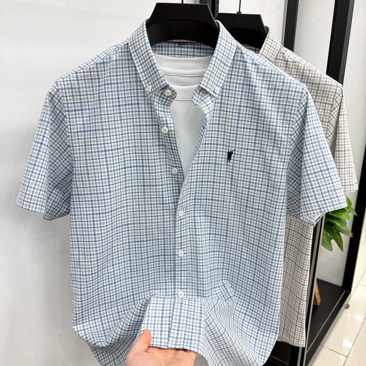 Short Sleeved Shirt for Men in Summer, Thin Design for Men, High-end Checkered Embroidered Shirt, Pure Cotton Top