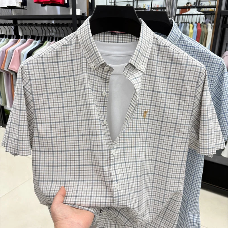 Short Sleeved Shirt for Men in Summer, Thin Design for Men, High-end Checkered Embroidered Shirt, Pure Cotton Top