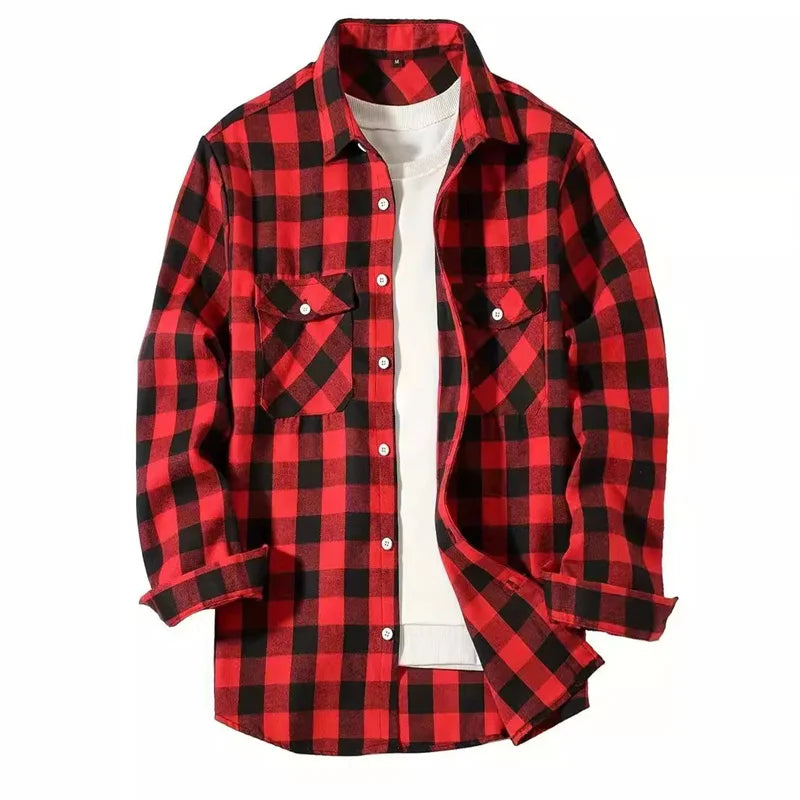 Mens Shirts Fashion Classic Plaid Cardigan Casual Shirt Long Sleeve Chest Two Pockets Turn-Down Collar Spring Autumn Men Tops