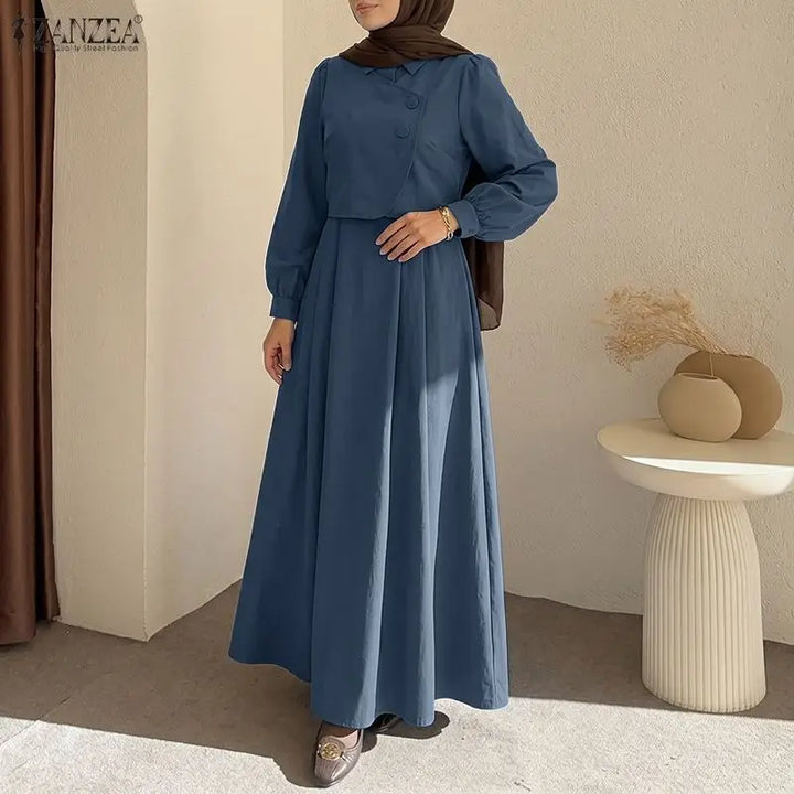 ZANZEA Fashion Muslim Dresses Abaya Ramadan Robe Fake 2 Pieces Women Elegant Long Sleeve Pleated Sundress Dubai Casual Kaftan