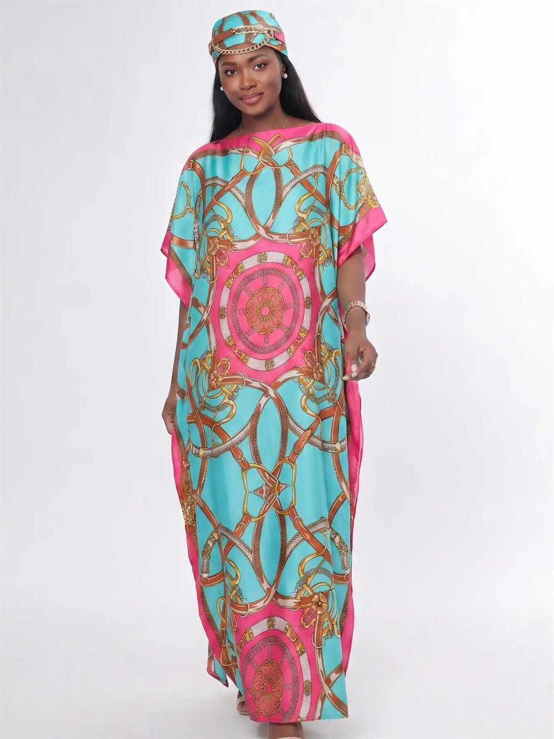 Women Muslim Kaftan Abaya With Matching Hijab Scarf Chain Print Maxi Dress Loose Batwing Sleeve Long Robe Set For Malay