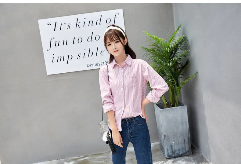 White Blue Pink Striped Shirt Women 2024 Spring New Simple Casual Long Sleeves Blouses and Tops Office Fashion Ladies Clothes