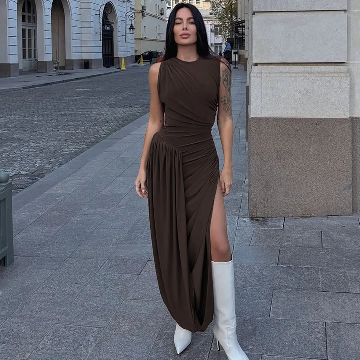 Woman Clothing O-neck Sleeveless Tunics High Slit Long Dress Streetwear Y2K Female High Waist Ruched Solid Holiday Party Dresses