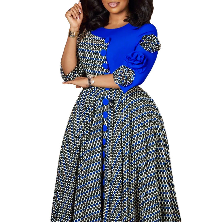 Elegant Dresses for Women O Neck Half Sleeve High Waisted Pleated Mid Calf Fashion Printed Luxury Birthday Party Dinner Dress