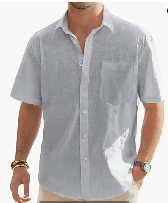 Men's Summer New Style European and American Fashion Classic Comfortable Breathable Cotton and Hemp Solid Color Top Shirt