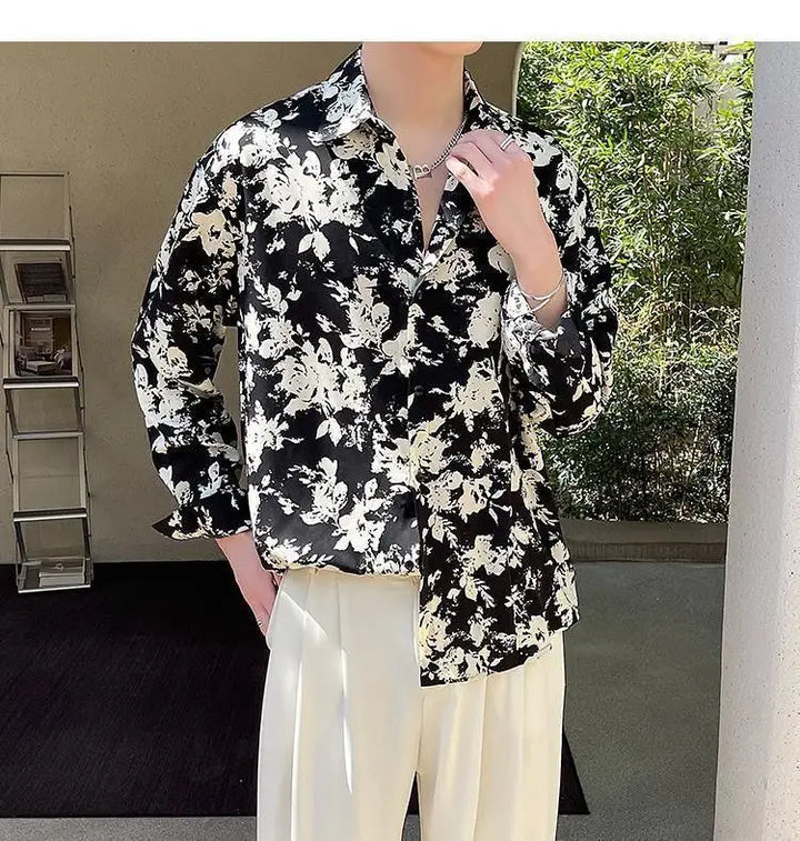 Men's Floral Shirt Men's Style New Long-sleeved Spring Autumn High-end Ice Silk Casual Loose