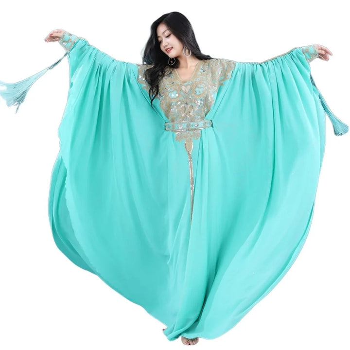 Khaleeji Gulf Dance Costume Women Gold Embroidery Kaftan Robe+Sleeveless Mermaid Slip Dress Belly Dance Performance Outfit