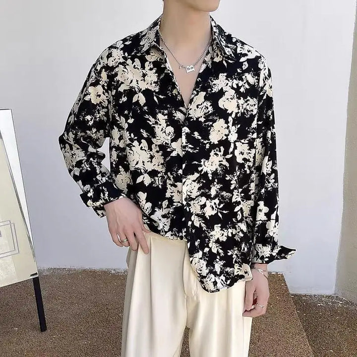 Men's Floral Shirt Men's Style New Long-sleeved Spring Autumn High-end Ice Silk Casual Loose