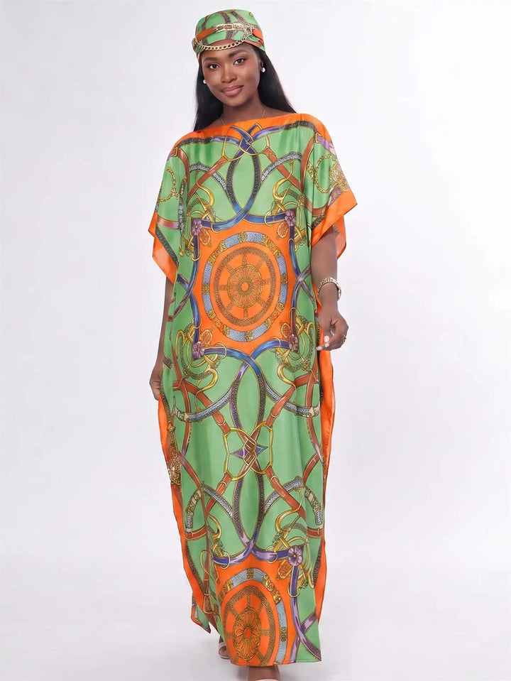 Women Muslim Kaftan Abaya With Matching Hijab Scarf Chain Print Maxi Dress Loose Batwing Sleeve Long Robe Set For Malay