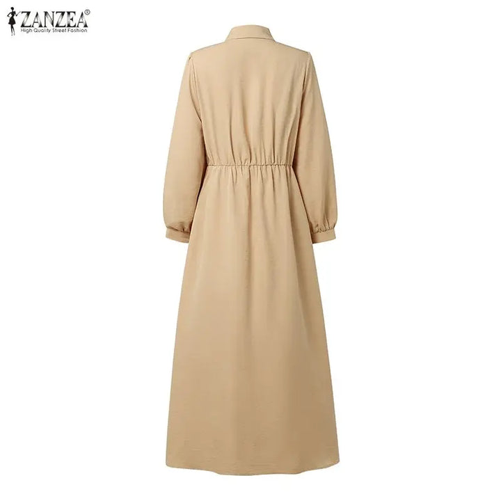 ZANZEA Ramadan Robe Fashion Muslim Dresses Women Elegant Long Sleeve Pleated Sundress Dubai Abaya Casual Kaftan Fake 2 Pieces