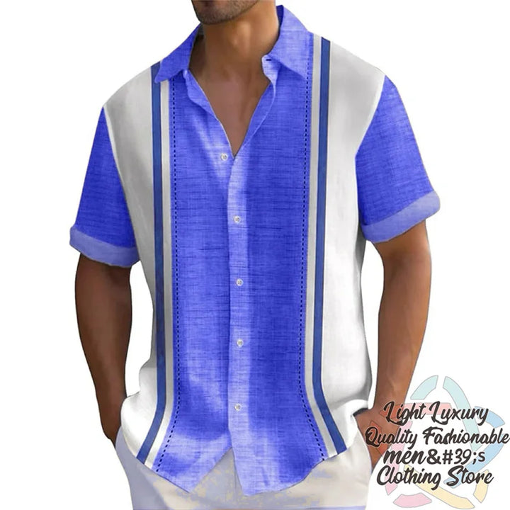 Men's shirts Summer striped linen print shirts Casual short-sleeved button Hawaiian shirts Oversized men's tops outfit collar