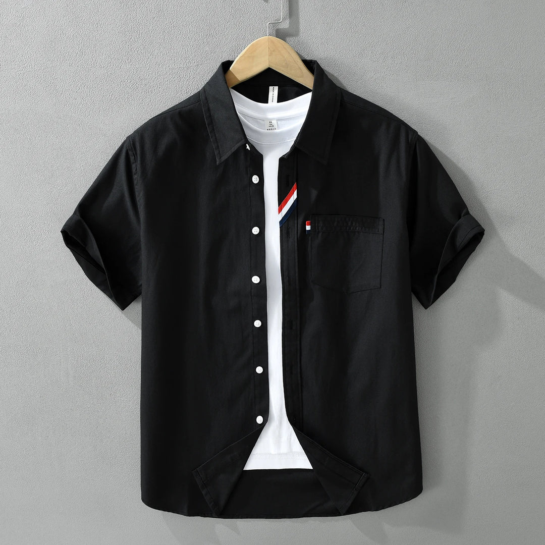 Men's 100% Cotton Short-Sleeve Shirt – Classic Turn-Down Collar, Slim Fit with Chest Pocket & Striped Detail