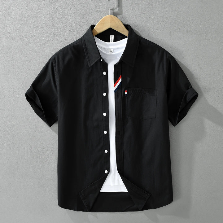 Men's 100% Cotton Short-Sleeve Shirt – Classic Turn-Down Collar, Slim Fit with Chest Pocket & Striped Detail