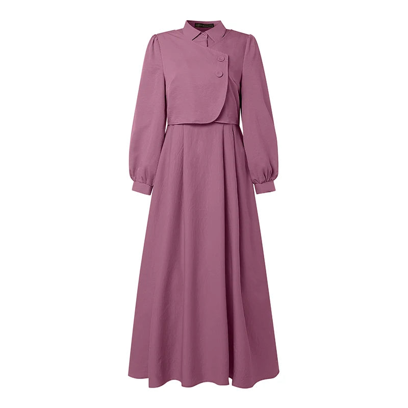 ZANZEA Fashion Muslim Dresses Abaya Ramadan Robe Fake 2 Pieces Women Elegant Long Sleeve Pleated Sundress Dubai Casual Kaftan
