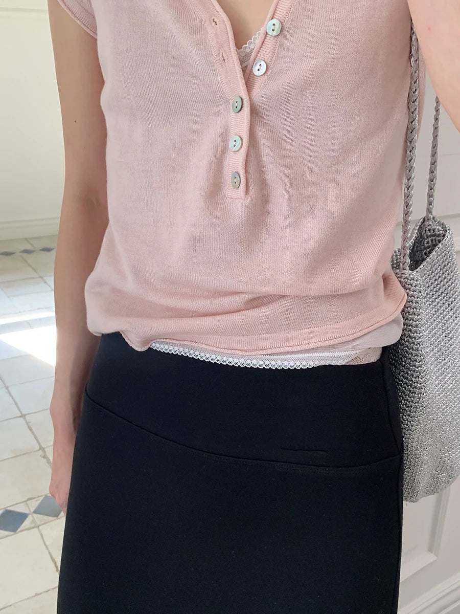 Shell Button Knit T-shirts Women Summer Simple Versatile Slim V-neck Short Sleeve Tess Sweet Korean Style Chic Tshirt Tops New