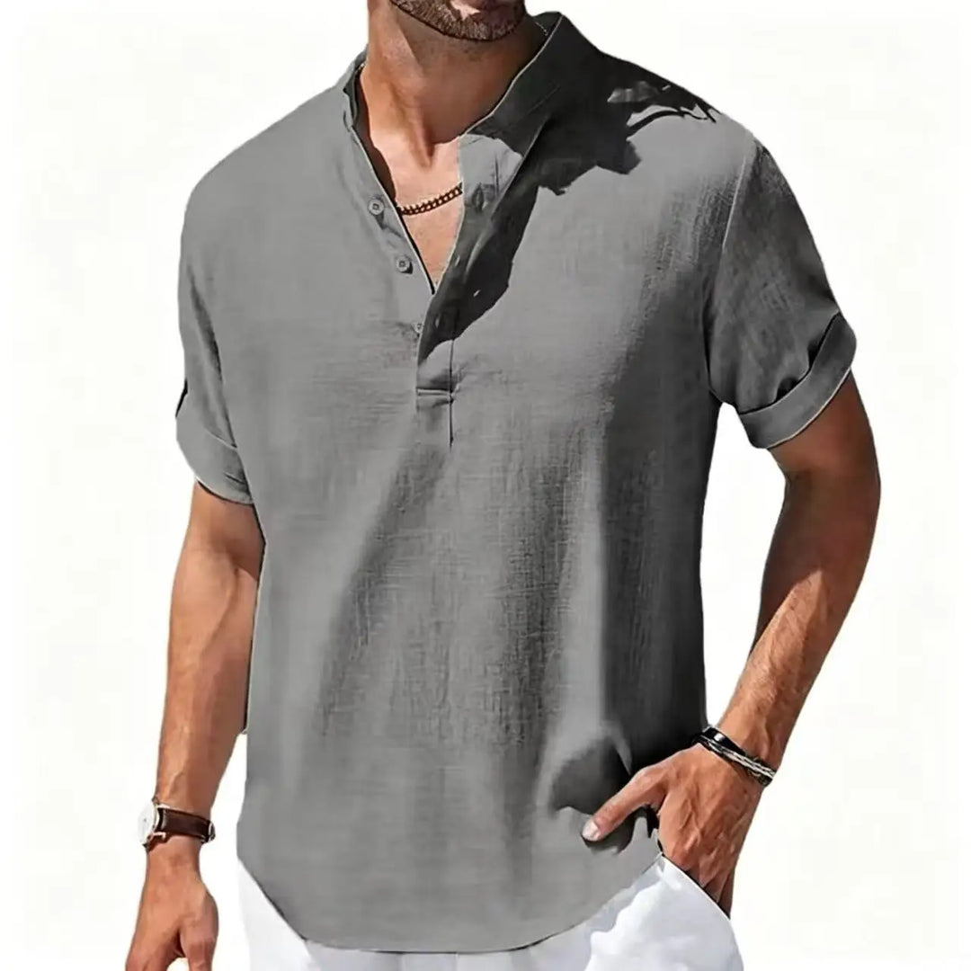 Summer Men's Short Sleeve Shirts Solid Color Stand Up Collar T Shirts Loose Casual Beach Shirt Breathable Male Linen Tops