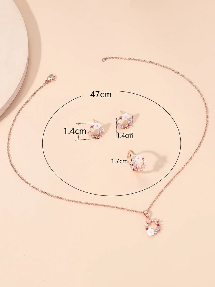 Women’s Rose Gold Flower Jewelry Set – Necklace, Ring & Earrings