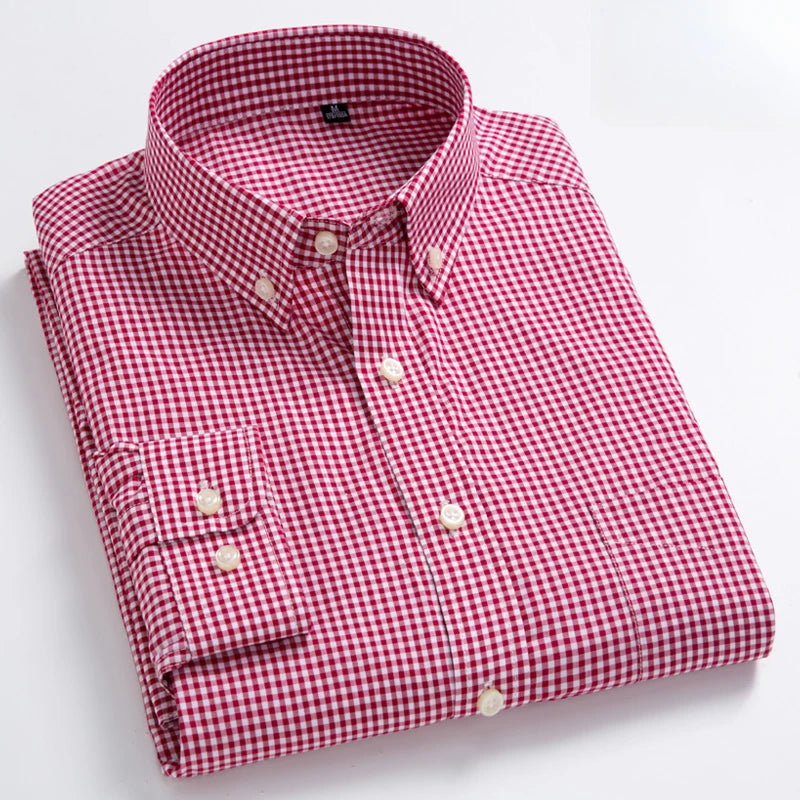 New in Shirt 100% Cotton Long-Sleeve Shirts for Men Slim Fit Plain Shirt Thin Plaid Striped Tops Fashion Elegants Office Clothes