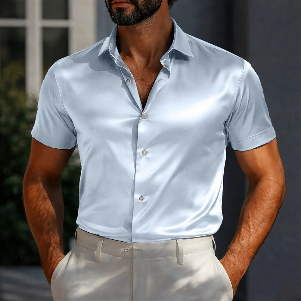 Men's Shirts Satin Shirts Formal Shirts Solid Color Daily Outdoor Light Blue Black White Navy Blue Short Sleeve Cuffed Summer Cl
