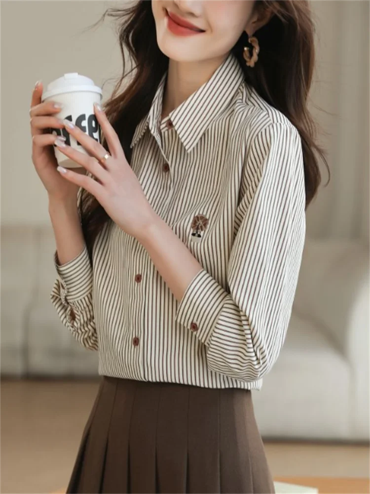 Loose Striped Shirts For Women Embroidered Blouse Spring Autumn Woman Clothes Blous Button Top Fashion Elegant Youth Female Tops