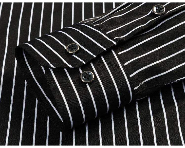 Men's Elegant  Striped Iron-Free Long Sleeve Dress Shirts - Breathable, Stretchy Casual Button Up Shirt For Formal Occasions