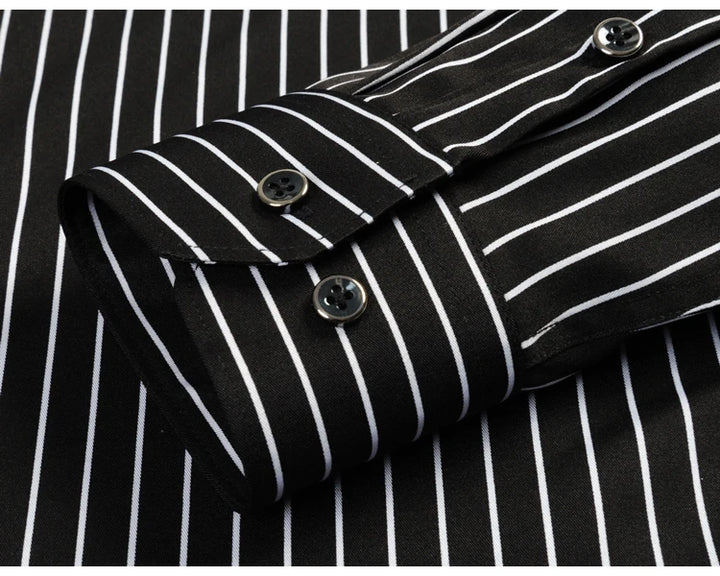 Men's Elegant  Striped Iron-Free Long Sleeve Dress Shirts - Breathable, Stretchy Casual Button Up Shirt For Formal Occasions