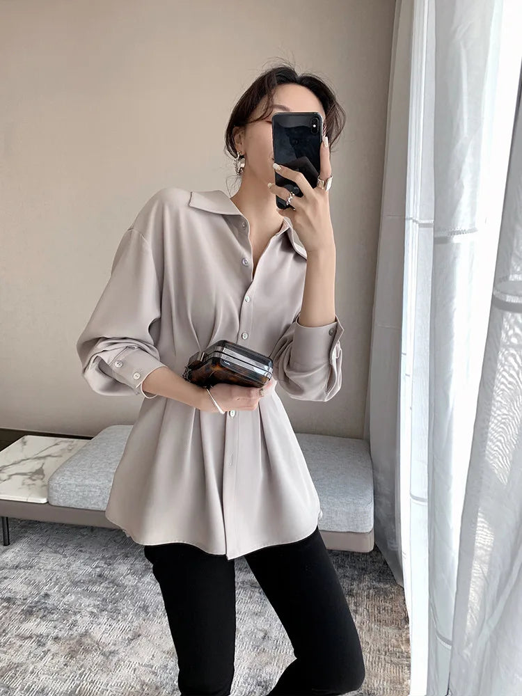 Elegant Women Shirts Woman Waist Long Sleeve Lapel Single Breasted Sashe Shirt Office Lady Business Pleated Ruched Blouses Tops
