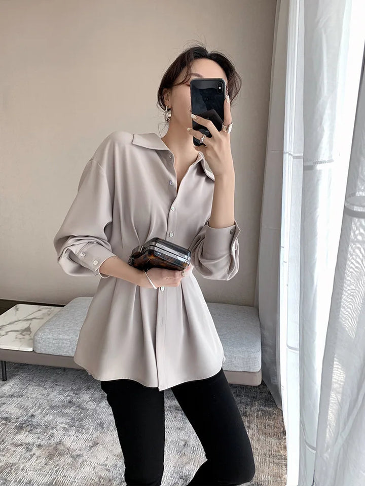 Elegant Women Shirts Woman Waist Long Sleeve Lapel Single Breasted Sashe Shirt Office Lady Business Pleated Ruched Blouses Tops