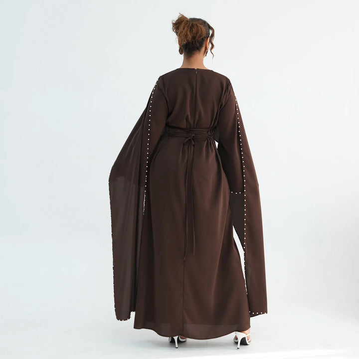 Luxury Dubai Shawl Abaya Elegant Beaded Waist Cinching Kaftan Muslim Women Traditional Dress Maxi Long Sleeve Robe Eid Outfit