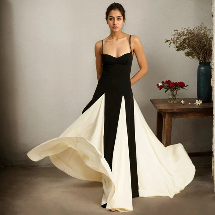 Women Evening Dress Fashion Elegant Royal Sister Slim Black And White Contrast Color Strap Dress Sexy V-Neck High Waist Dresses