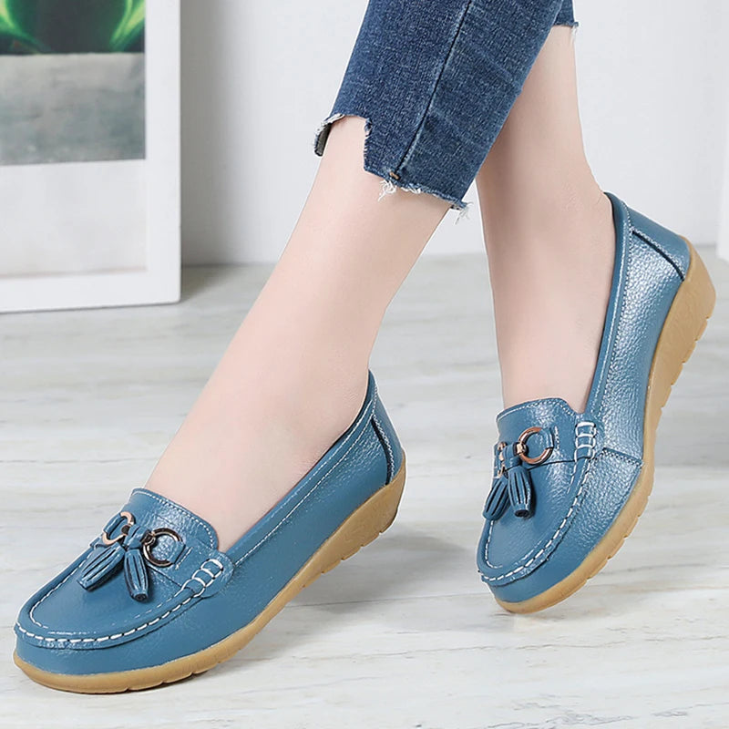 Women’s Leather Loafers – Breathable Chunky Flat Shoes