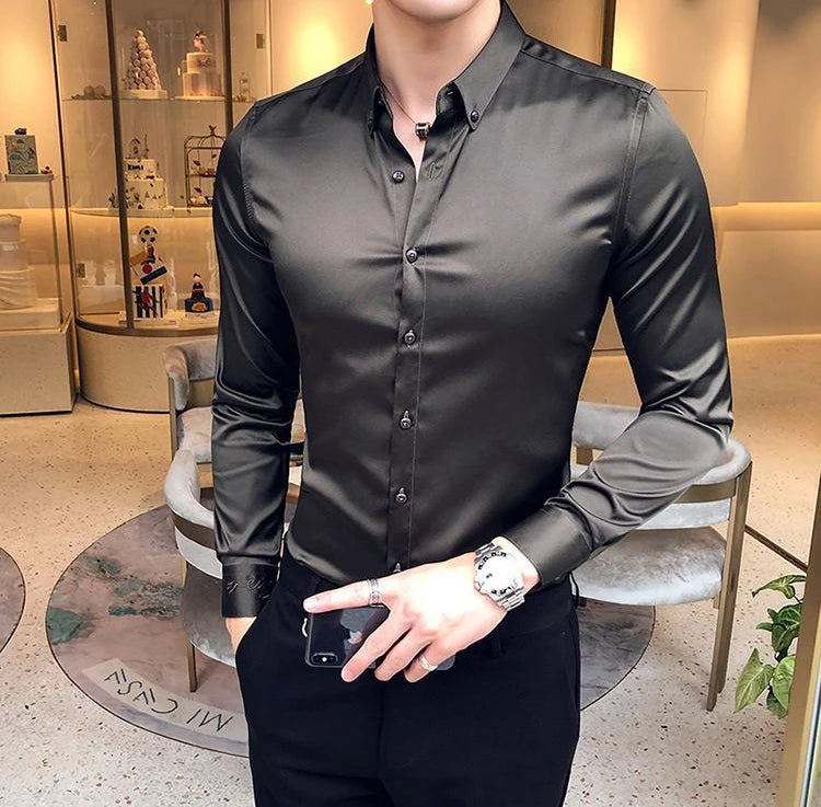 Plain Long Sleeve Shirts and Blouses for Men Business Silk Summer Button Man Tops Fashion 2025 Social High Quality Clothing S I