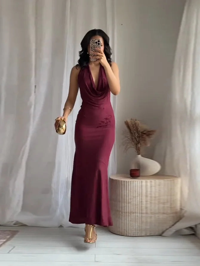 Women’s 2026 Vintage Red Lace-Up Dress – Sleeveless Deep V Neck Elegant Party Gown